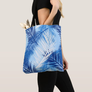 Tote Bag Palm Leaf Print, Cobalt, blanc et bleu ciel
