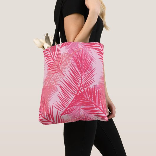 Tote Bag Palm Leaf Print, Fuchsia, Coral et Pastel Pink (De près)