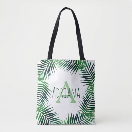 Tote Bag Palme tropicale Feuille & lettre initiale avec nom (Devant)