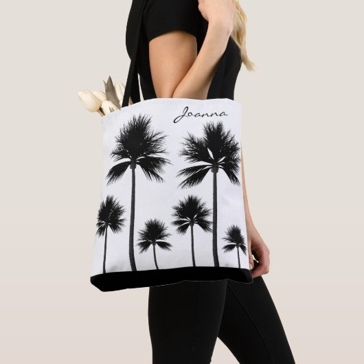 Tote Bag Palmier noir et blanc avec la plage Name (De près)