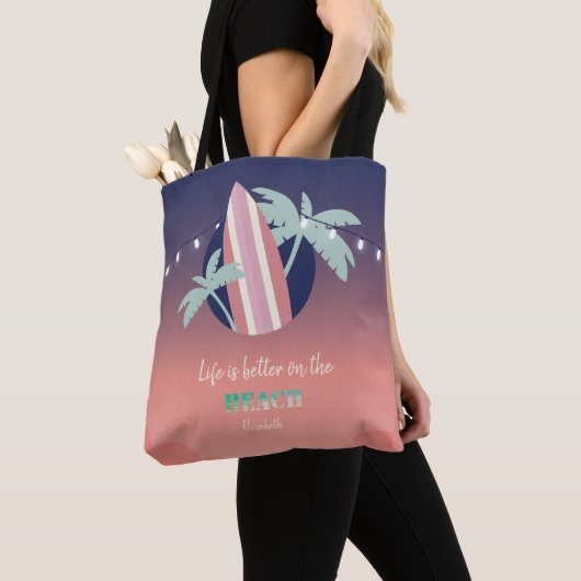 Tote Bag Palmiers, Surf, Plage String Lights (De près)