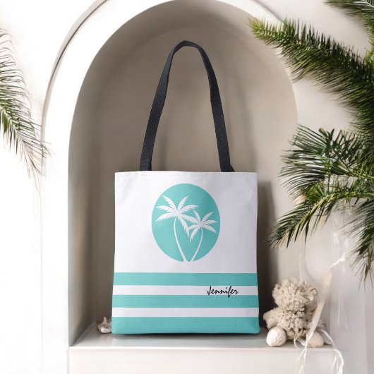 Tote Bag Palmiers tropicaux et bandes avec nom