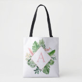 Tote Bag Palmiers tropicaux Mariage rose clair Monogramme (Devant)