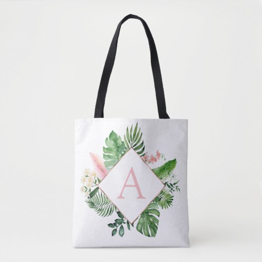 Tote Bag Palmiers tropicaux Mariage rose clair Monogramme (Devant)