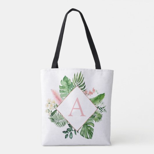 Tote Bag Palmiers tropicaux Mariage rose clair Monogramme (Dos)