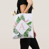 Tote Bag Palmiers tropicaux Mariage rose clair Monogramme (De près)