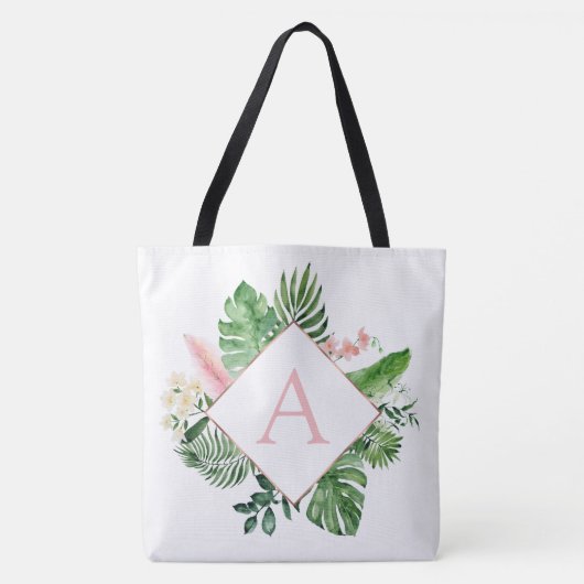 Tote Bag Palmiers tropicaux Mariage rose clair Monogramme (Devant)