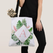 Tote Bag Palmiers tropicaux Mariage rose clair Monogramme (De près)