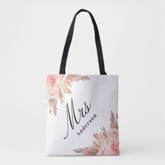 Tote Bag Pampas herbe rose or floral blanc mariée mrs (Devant)