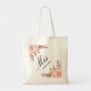 Tote Bag Pampas herbe rose or floral blanc mariée mrs