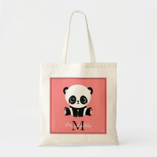 Tote Bag Panda à assise mignonne Monogramme Saumon personna