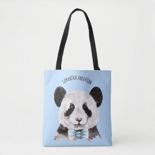 Tote Bag Panda Aquarelle Moderne Avec Nom Et Bleu Pastel