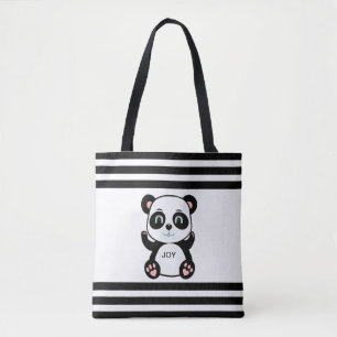 Tote Bag Panda Moderne Rayé Noir et Blanc