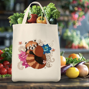 Tote Bag Panda Rouge Lotus Fleurs Henné