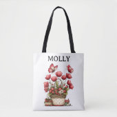 Tote Bag Panier de Fleurs à la Fraise avec Papillons et Nom (Devant)