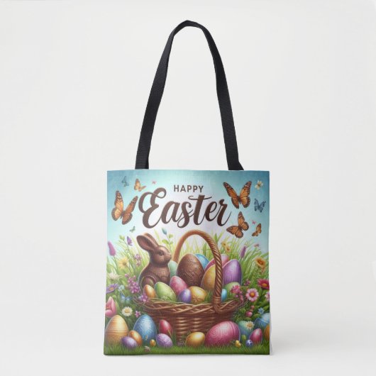Tote Bag Panier de Pâques coloré, Joyeux avec oeufs (Devant)