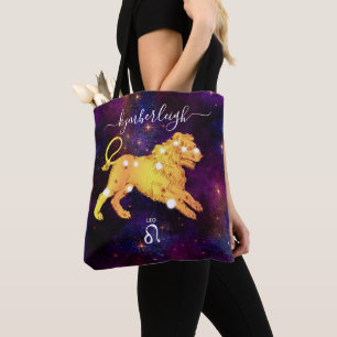 Tote Bag Panneau Leo Zodiac Monogramme cosmique Nom Gold Pu