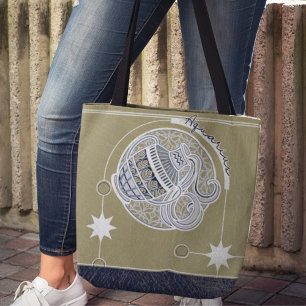 Tote Bag Panneau Zodiaque Aquarius Bleu Blanc Beige Mandala