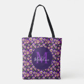 Tote Bag Pansies florales modernes Motif violet Monogramme (Dos)