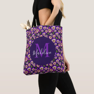 Tote Bag Pansies florales modernes Motif violet Monogramme