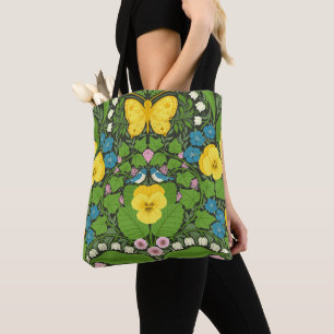 Tote Bag Pansies jaunes, oiseaux et papillons