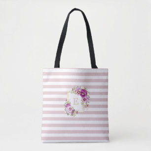 Tote Bag Pansies Vintages florales Monogrammes Rayures viol