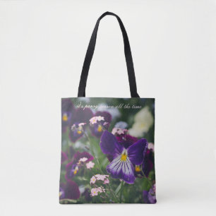Tote Bag Pansies violettes et oubliettes roses