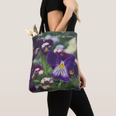 Tote Bag Pansies violettes et oubliettes roses (De près)