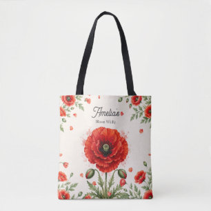 Tote Bag Papier aquarelle monogramme floral coquelicot roug