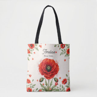 Tote Bag Papier aquarelle monogramme floral coquelicot roug
