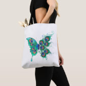 Tote Bag Papillon aux plumes de paon vert (De près)