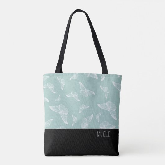 Tote Bag Papillon blanc pâle Noir fond avec nom (Dos)