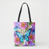 Tote Bag Papillon bleu dans un champ de fleurs (Devant)