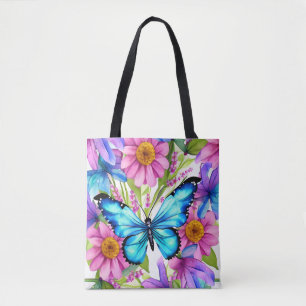Tote Bag Papillon bleu dans un champ de fleurs