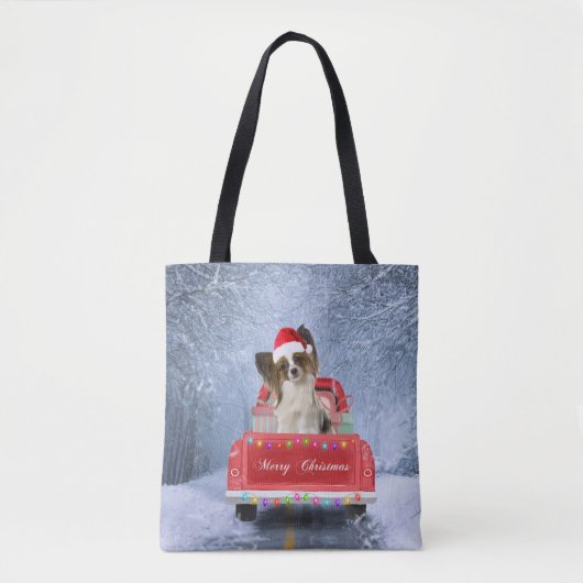 Tote Bag Papillon Chien en neige assis sur le camion de Noë (Devant)