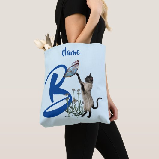 Tote Bag Papillon de chat siamois monogramme initial B nom (De près)