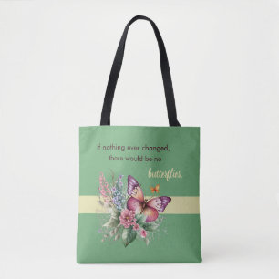 Tote Bag Papillon d'encouragement et fleurs sur fond vert