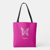Tote Bag Papillon Diamant Blanc, Nom du script, Fuchsia (Dos)