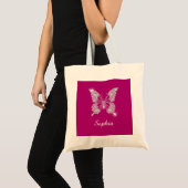 Tote Bag Papillon Diamant Blanc, Nom du script, Fuchsia pro (Devant (produit))