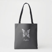 Tote Bag Papillon Diamant Blanc, Nom du script, Gris foncé (Devant)