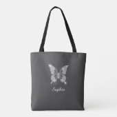 Tote Bag Papillon Diamant Blanc, Nom du script, Gris foncé (Dos)