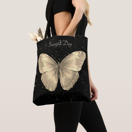 Tote Bag Papillon doré et ciel noir aux étoiles (De près)