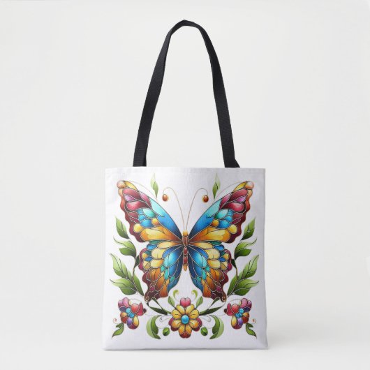 Tote Bag Papillon en vitrail coloré avec fleurs (Devant)