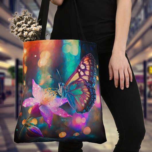 Tote Bag Papillon Et Fleur Colorée Fluant