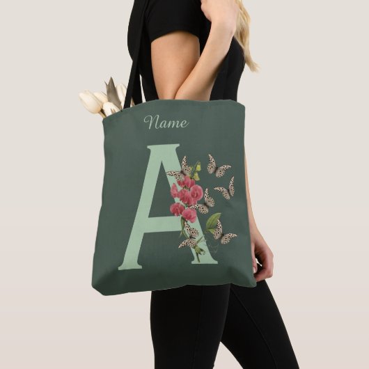 Tote Bag Papillon Fleur Monogramme Initiale A Personnalisé (De près)