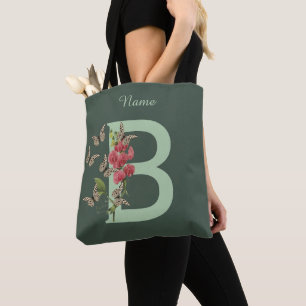 Tote Bag Papillon Fleur Monogramme Initiale B Personnalisé