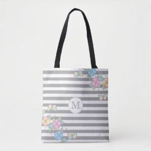 Tote Bag Papillon floral rayé Monogramme gris