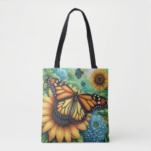 Tote Bag Papillon monarque reposant sur les tournesols
