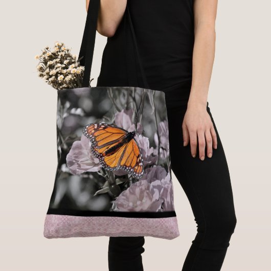 Tote Bag Papillon monarque sur Fleurs Carreaux gothiques ro (De près)