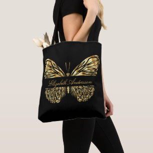 Tote Bag Papillon noir or élégant nom script